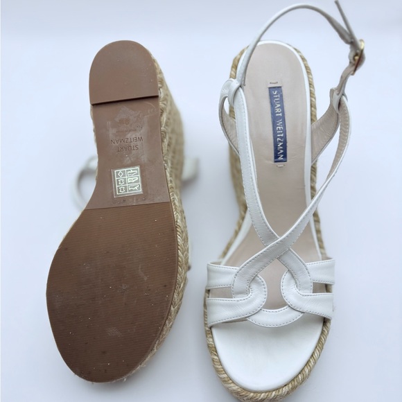 Stuart Weitzman Coquille Leather Wedge Espadrille Cream White Tan 9,5 LIKE NEW - Picture 6 of 6